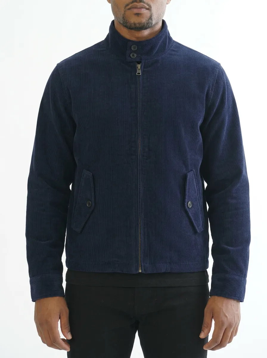 Men's Navy Blue Corduroy Stand Collar Zip Up Jacket