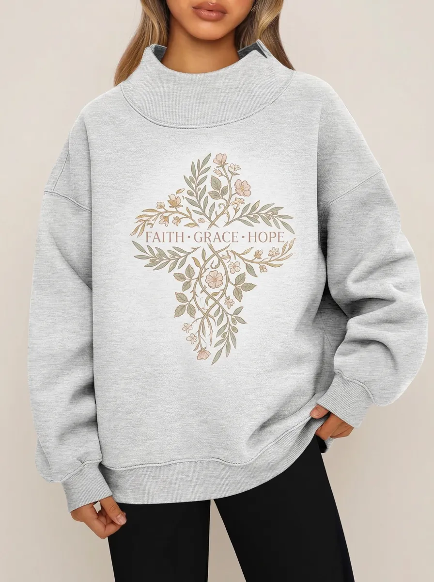 Women's Heather Grey Grace Hope Grace Hope Drop Shoulder Mock Neck Sweatshirt