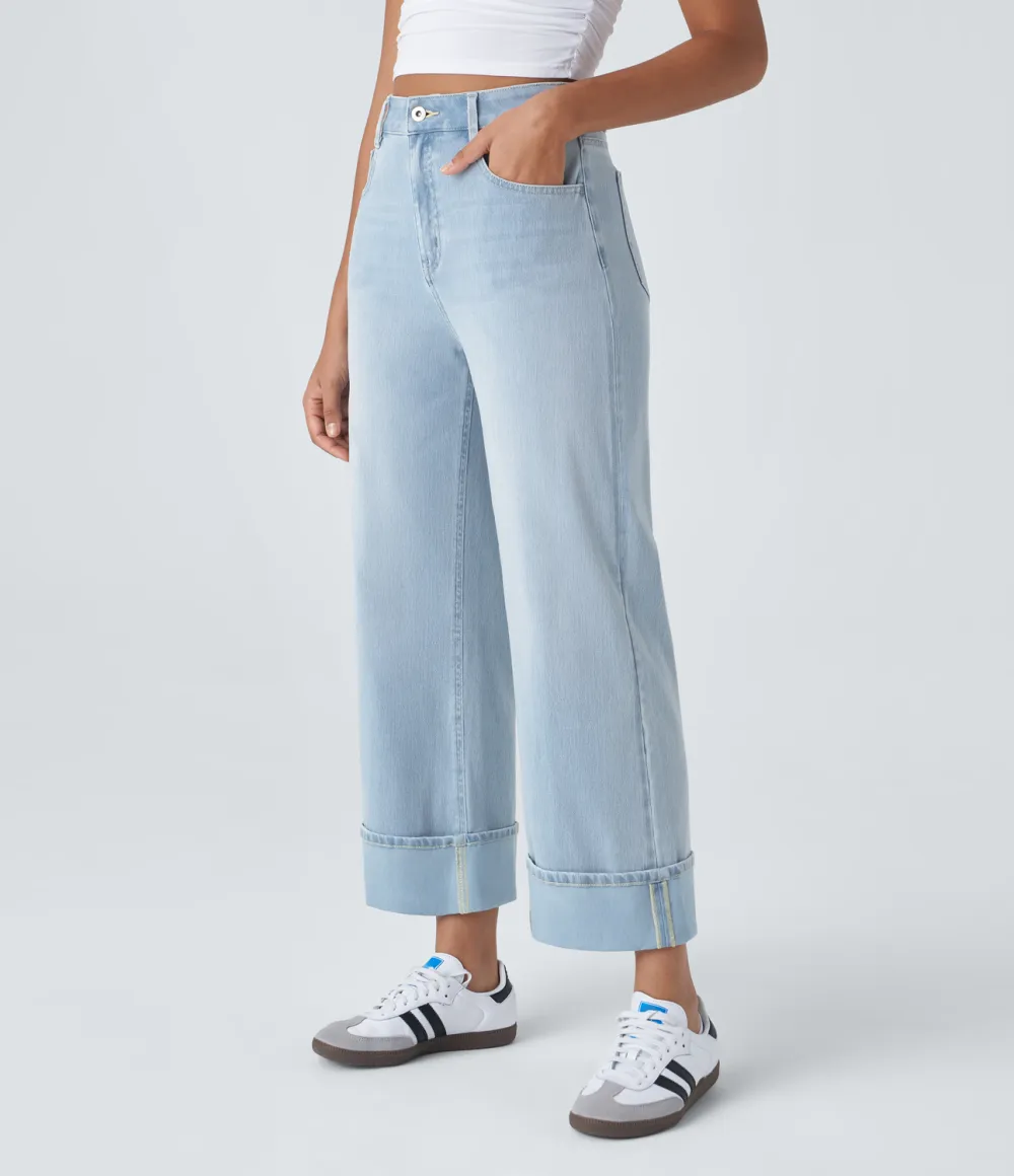 Magic High Waisted Multiple Pockets Rolled Hem Wide Leg Washed Stretchy Knit Casual Jeans