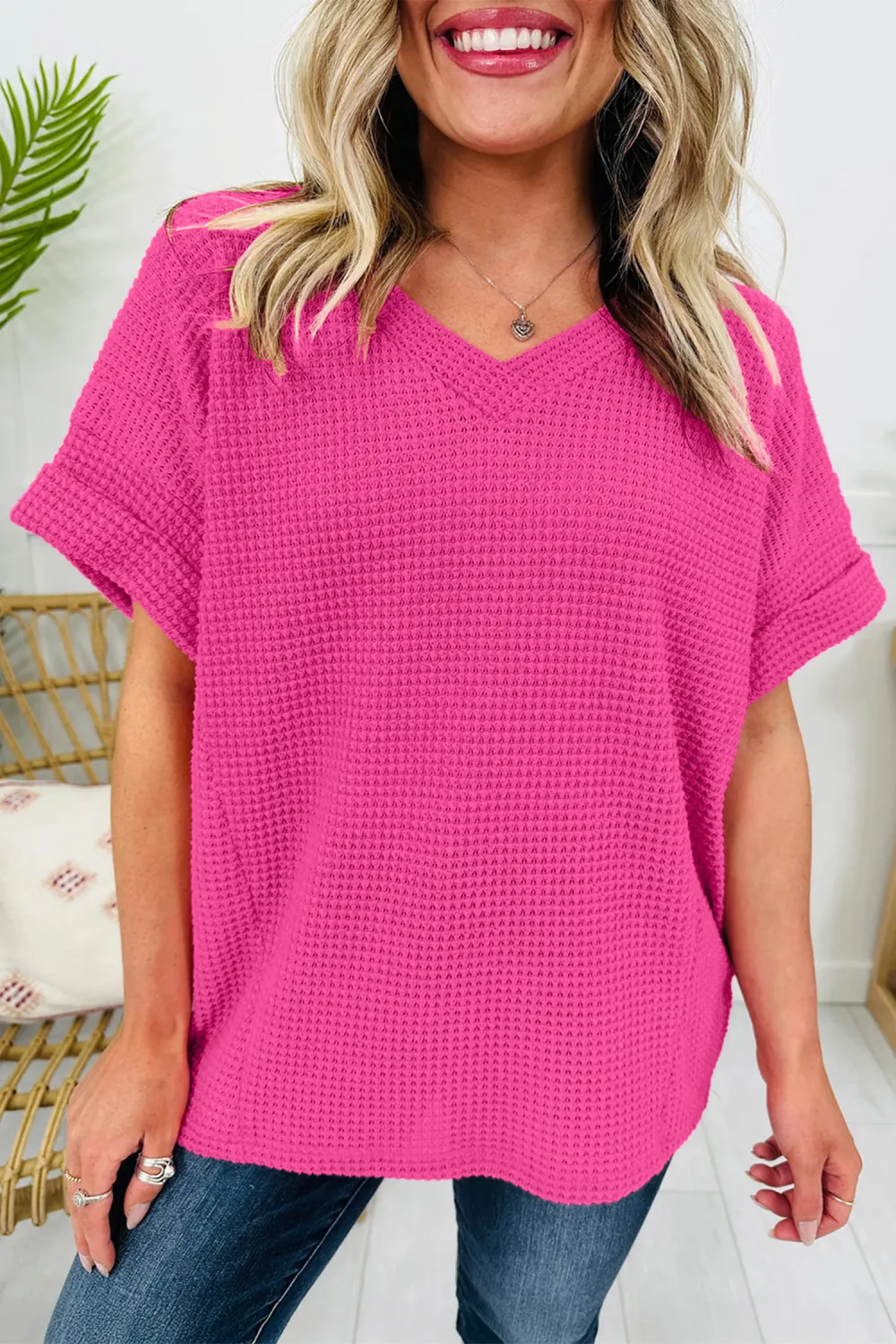 Strawberry Pink Waffle V Neck Top
