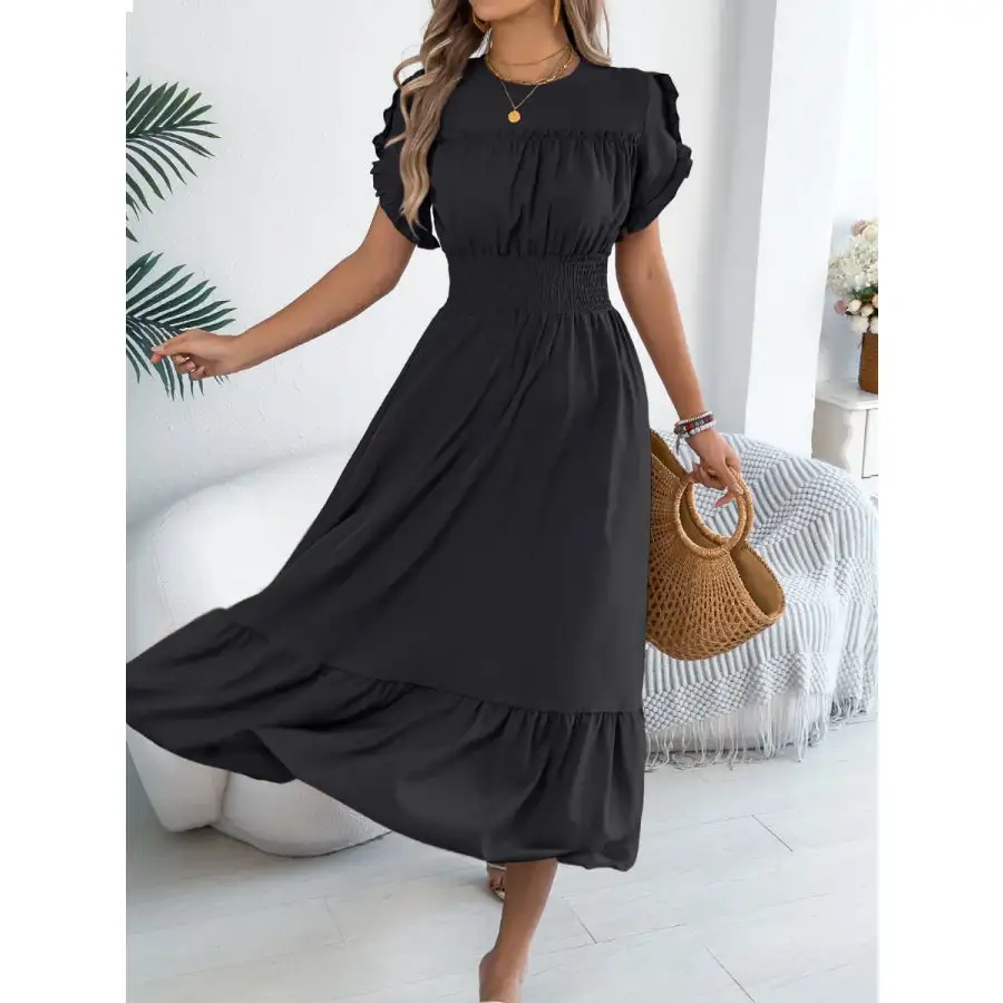 Smocked Frill Round Neck Midi Dress