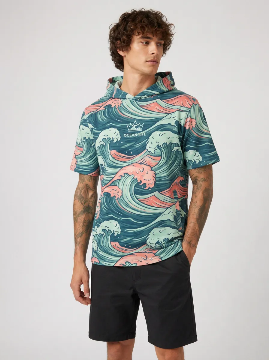 Men's Ocean Life Surfer Japanese Wave Printed Short Sleeve Hoodie