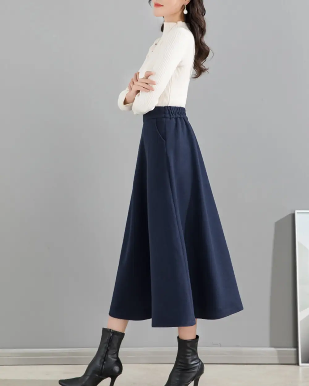 Pocketed Wool A Line Maxi Skirt
