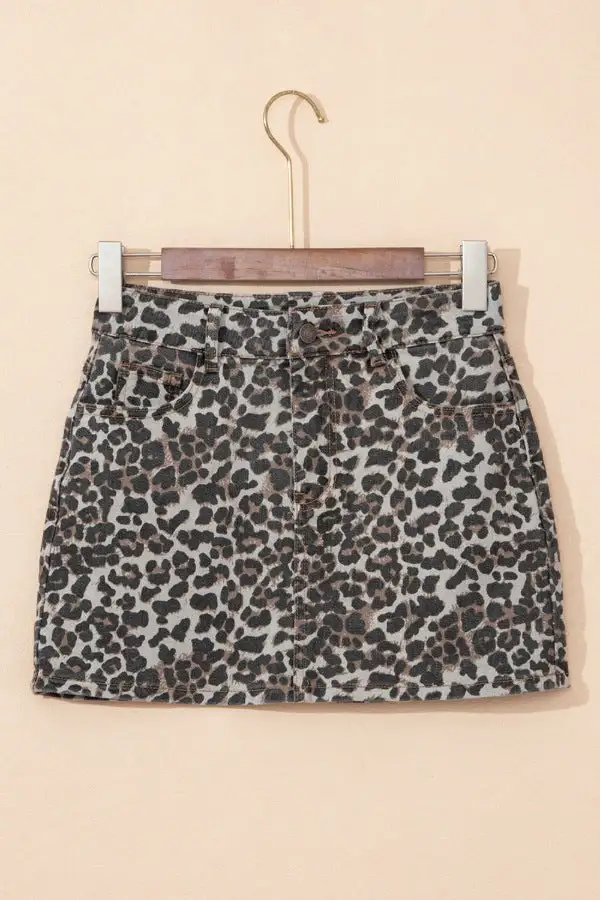 Leopard Print Denim Mini Skirt