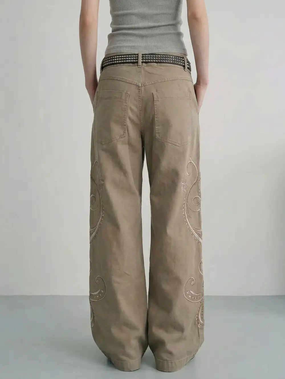 Straight-Leg Embroidered Distressed  Pants