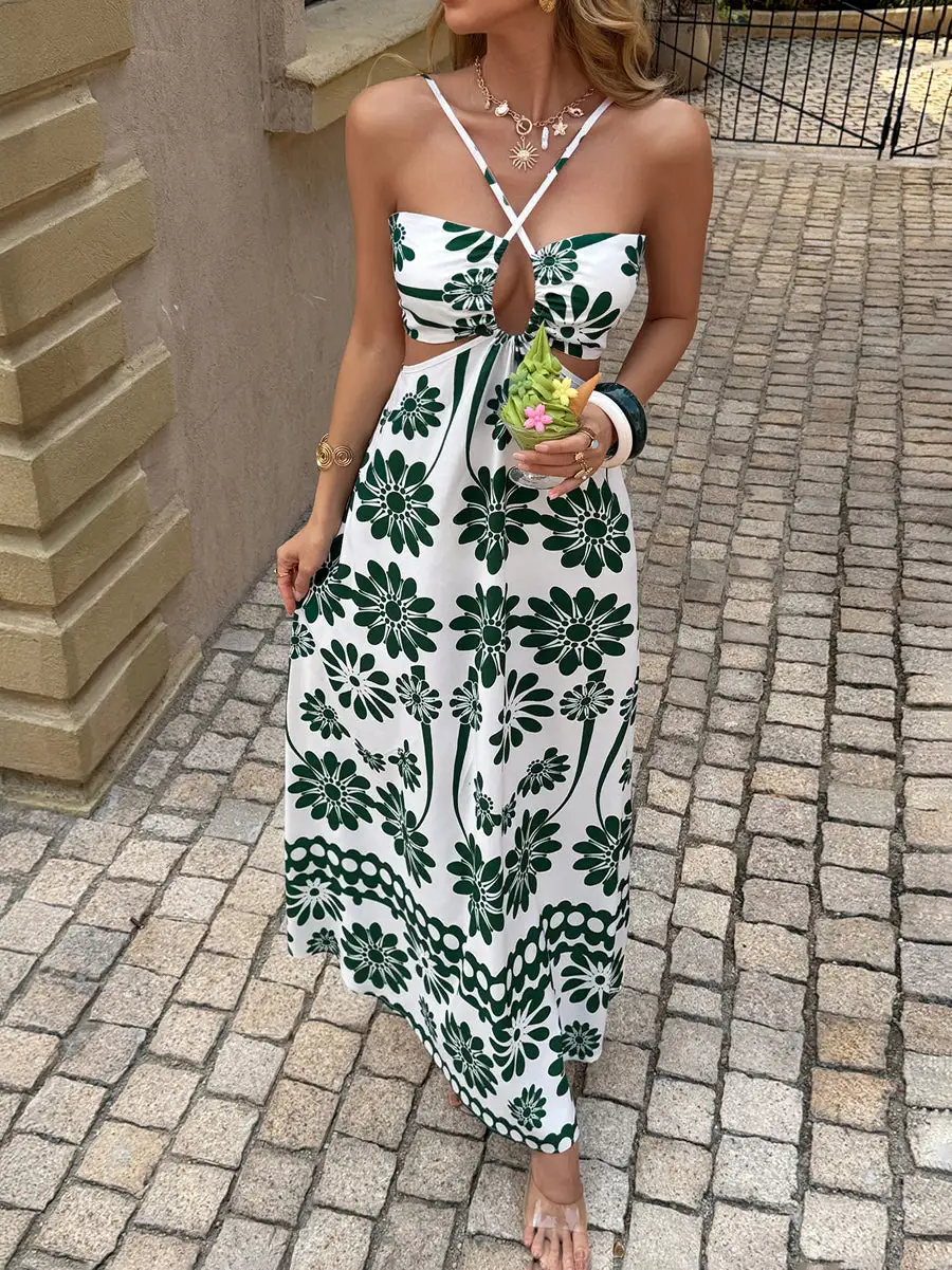 Waisted Printed Neck Maxi Dress
