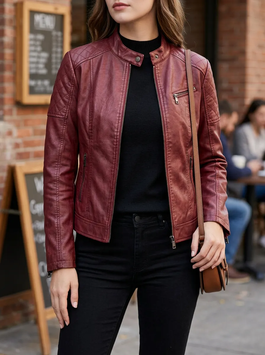 Women's Burgundy Quilted Faux Leather Biker Jacket