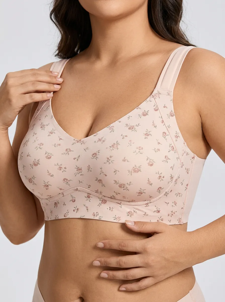 Women's Plus Size Blush Floral Full-Coverage V-Neck Wireless Bralette