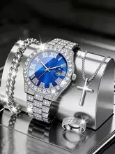 Men's Watch Set with Trendy Chain And Calendar Function Embedded Craft Design Birthday Gift