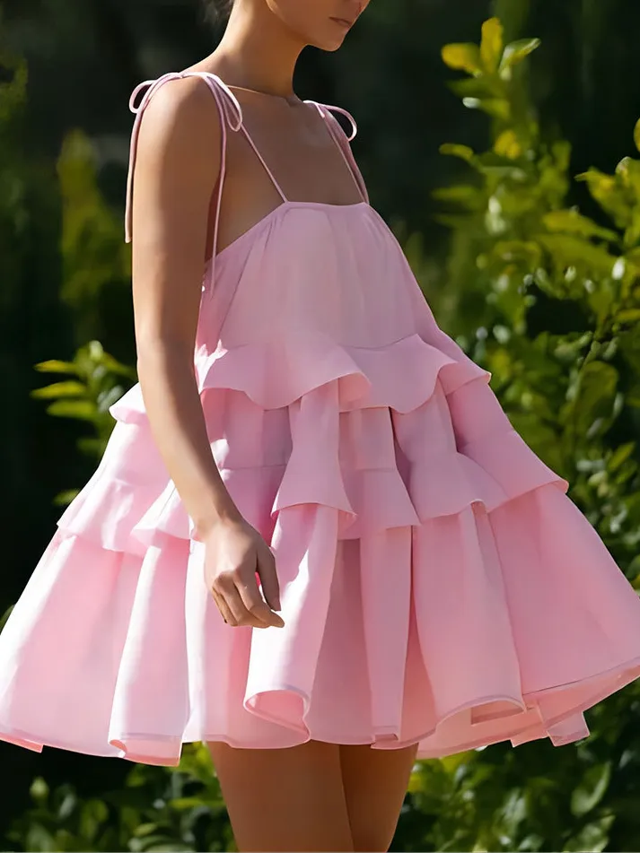 Multi Layer Ruffled Backless Slip Mini Dress