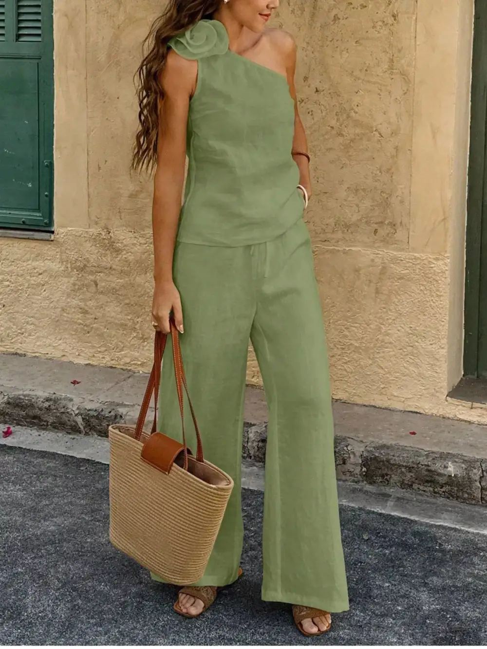 One Shoulder Floral Embellished Top and Pants Set