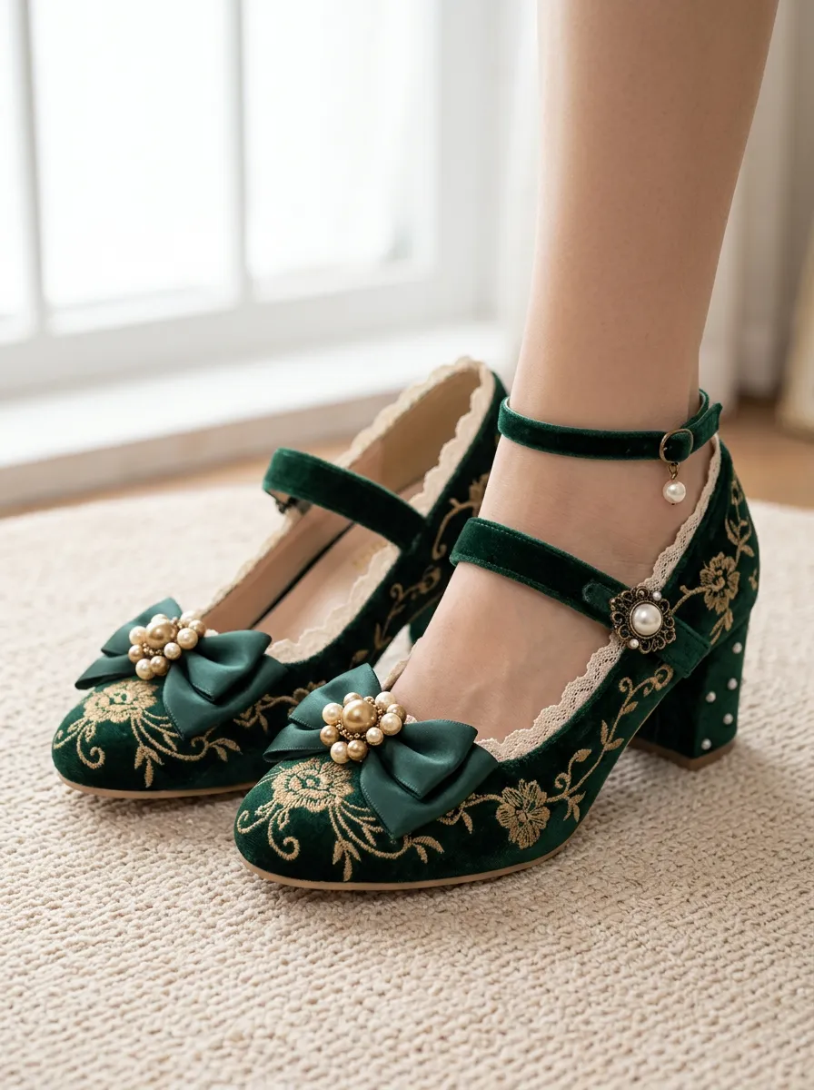 Pearl Bow Floral Velvet Women's Bavarian Occasion Heels