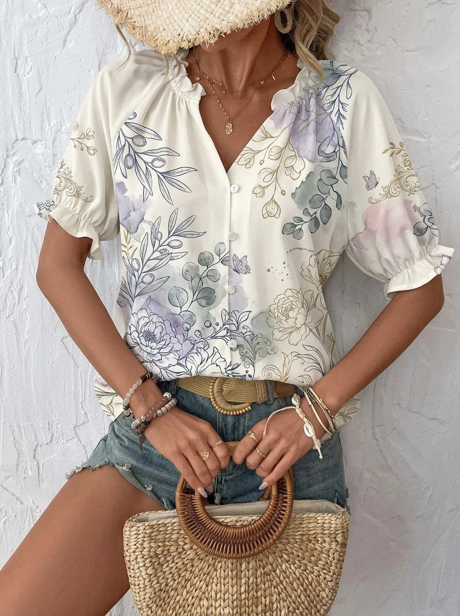 Women's Floral Botanical Butterfly Printed Button-Up Blouse