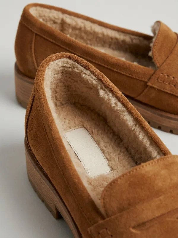 Women's Classic Faux Fur Lined Winter Suede Wood Sole Loafers