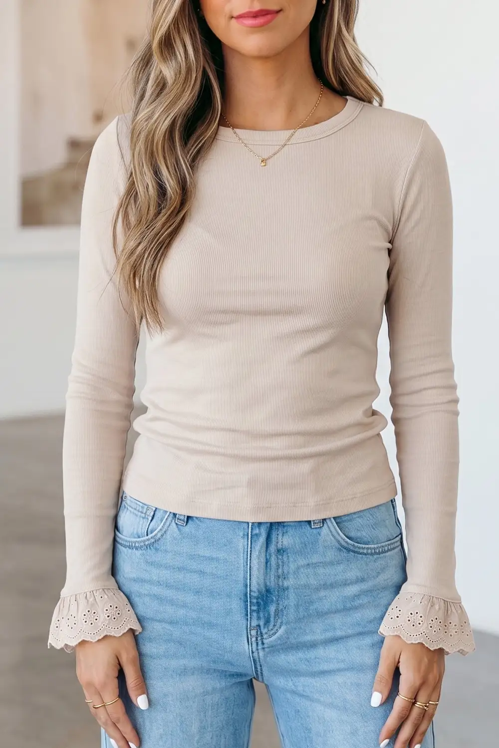 Patchwork Round Neck Viscose Blend Long Sleeve Top