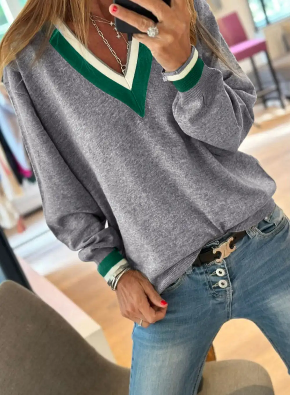 Striped Knit V Neck Sweater