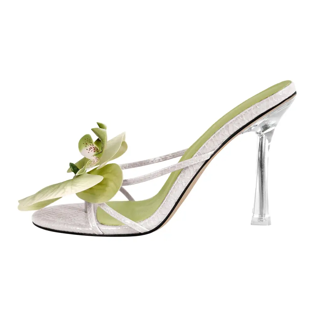 Flower Round Toe Clear Heel Thong Mule Sandals