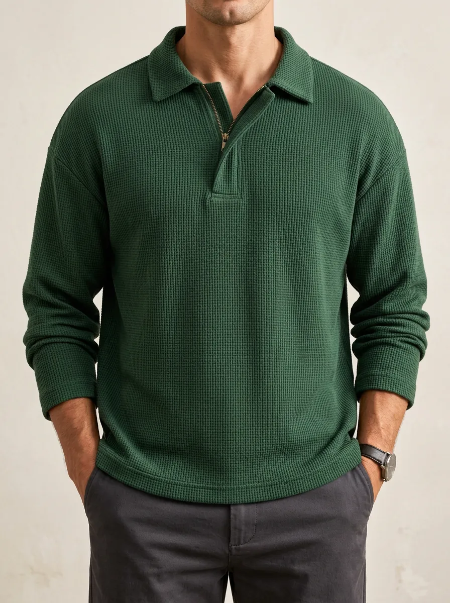 Quarter-Zip Pullover in a Subtle Waffle Knit Style