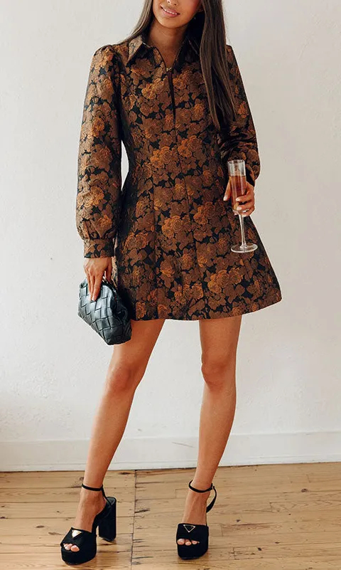 Embroidered Floral Collared Long Sleeve Fitted Mini Dress