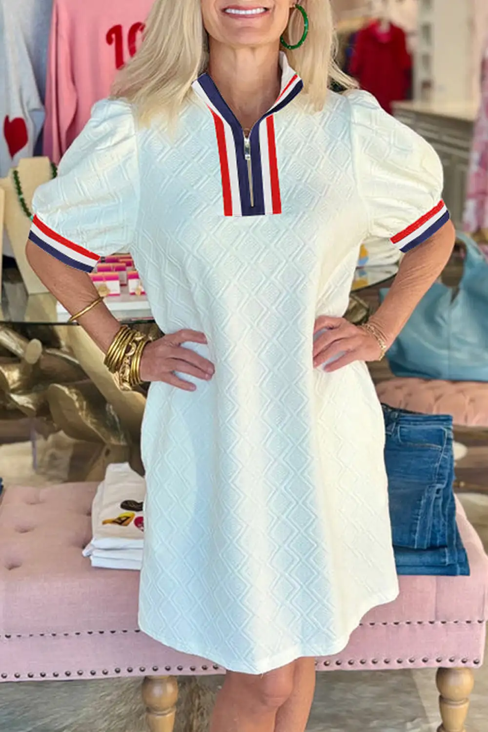 Simple Textured Zip Front Puff Sleeve Mini Dress