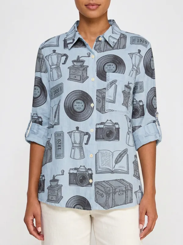 Women's Vintage Hobby Retro Camera Vinyl Record Printed Shirt