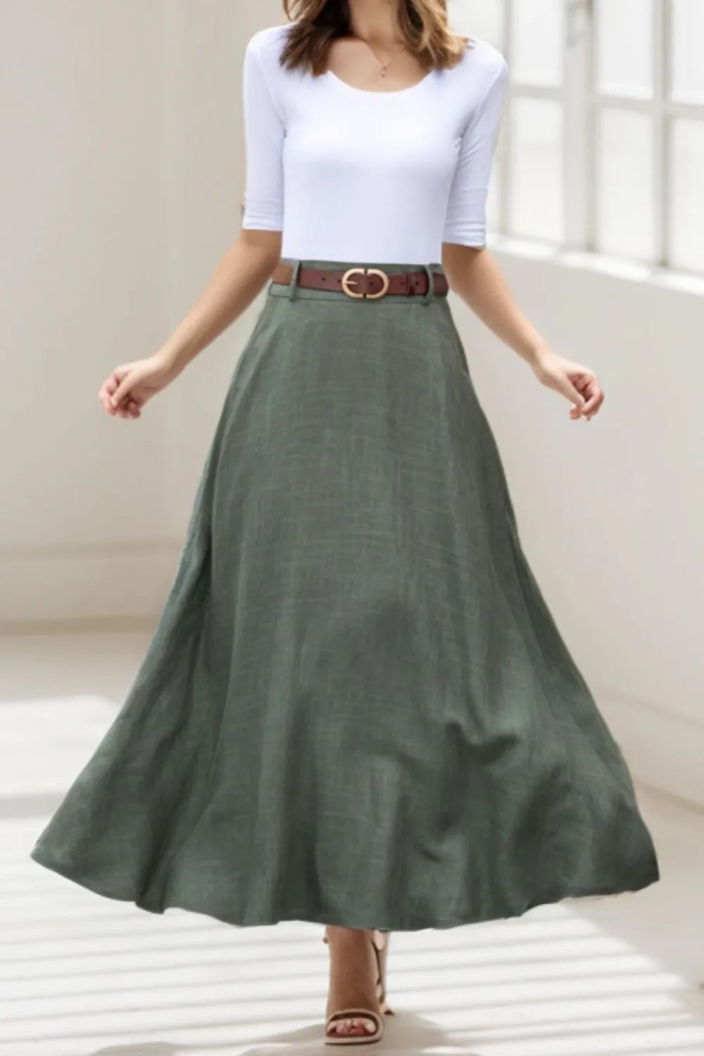 Checkered Linen Cotton Pleated A Line High Waist Maxi Skirt