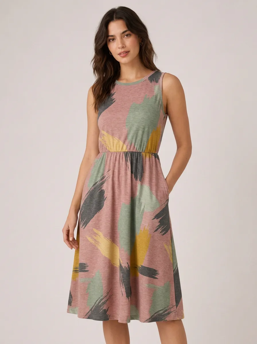 Women's Casual Abstract Brushstroke Printed Sleeveless Dress