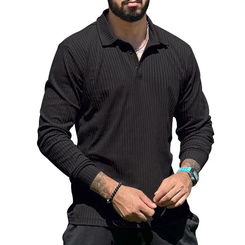 Streamlined Ribbed Button Placket Long Sleeve Fine Knit Polo Shirt