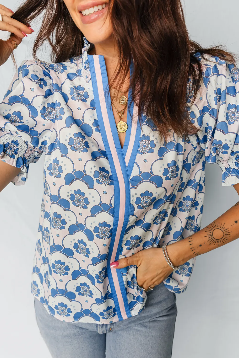 Sky Blue Floral Print Flounced Blouse