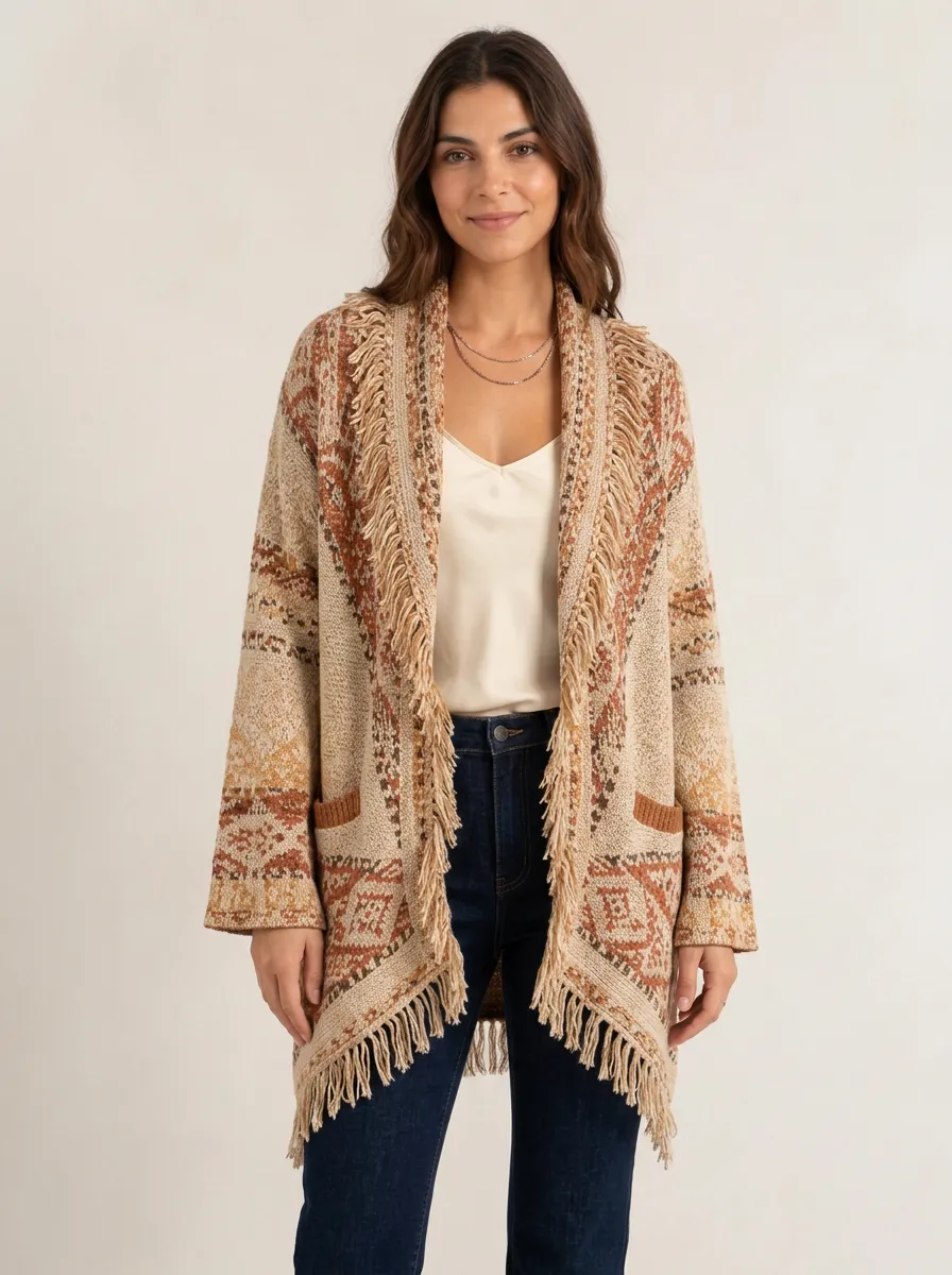 Women's Patterned Fringe Open-Front Cardigan Fringe-Trim