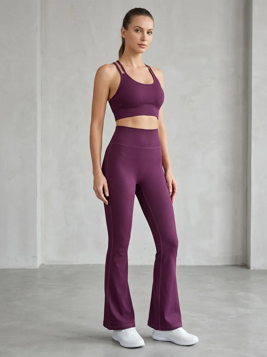 Ribbed Strappy Yoga Fitness Women's Tank Top Flare Pants Active Set