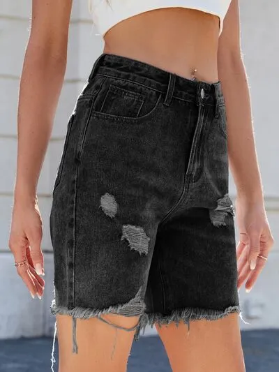 Distressed Raw Hem Shorts Detail Denim Pants