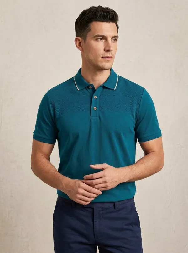 Men's Burgundy Textured Panel Contrast Trim Polo Shirt