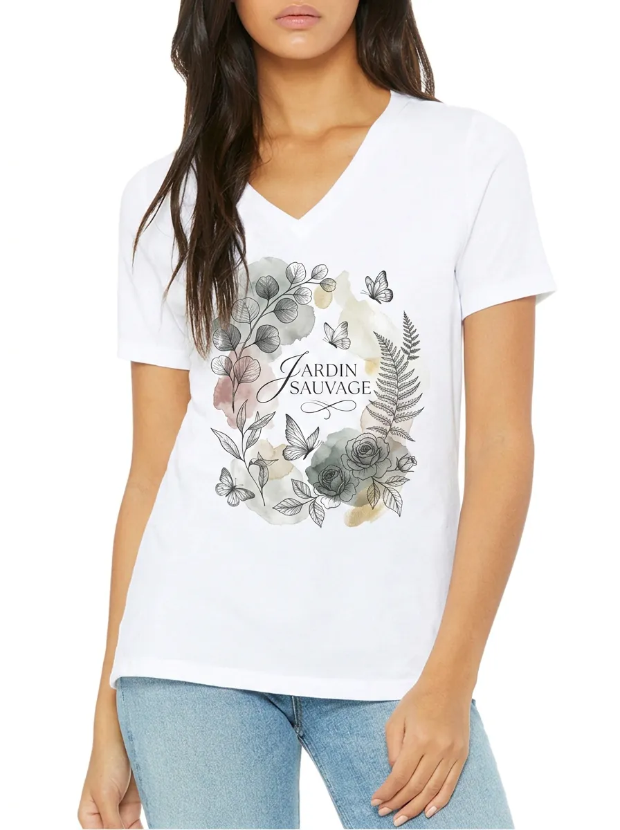 Women's Jardin Sauvage Botanical Butterfly Printed V-neck T-shirt