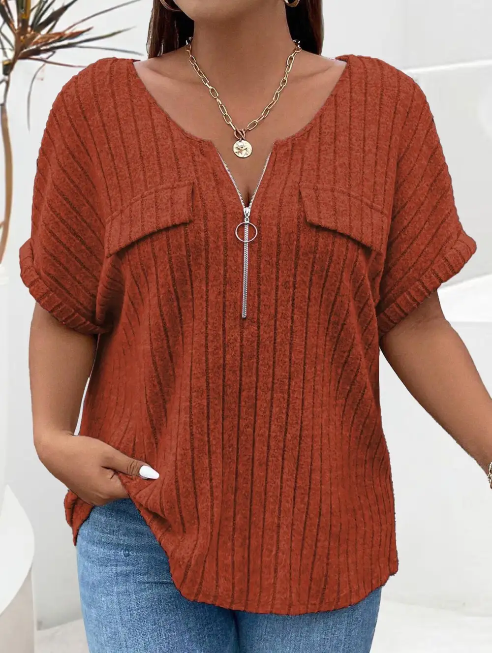 Ribbed V-Neck Knit Top