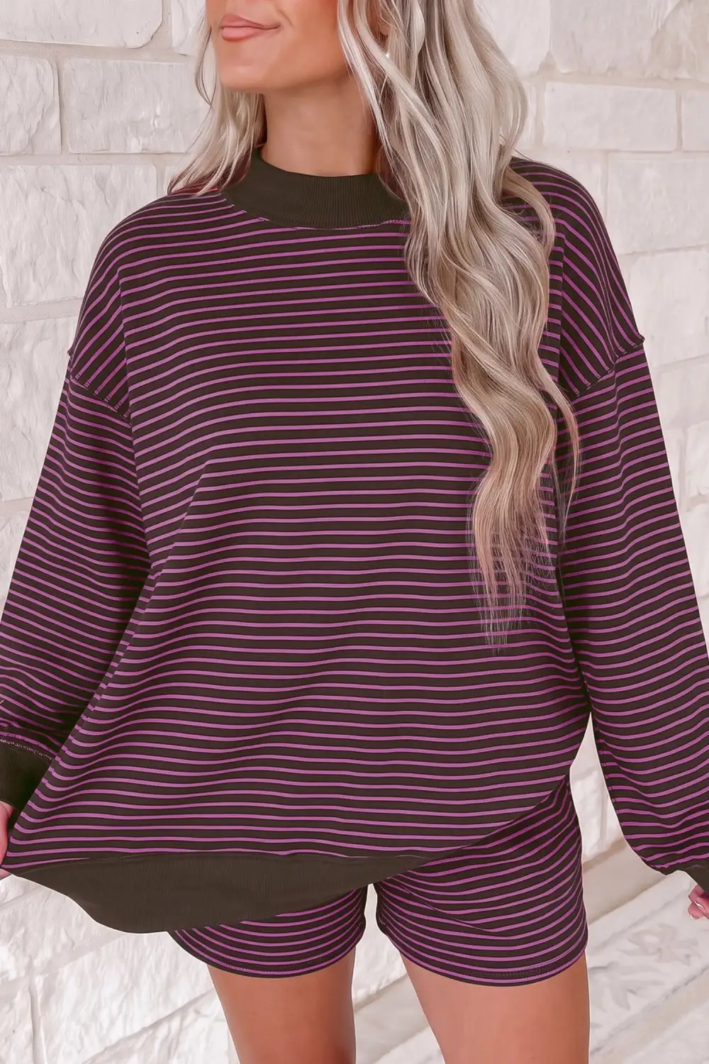 Women's Ribbed Patchwork Mock Neck Baggy Pullover Matching Shorts Set