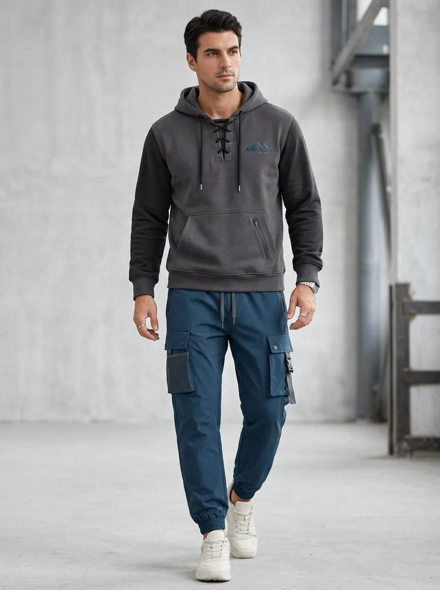 Daily Lace-Up Multi Pocket Collection Men's Lace Up Hoodie And Cargo Jogger Set