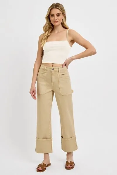 High Rise Wide Straight Cuffed Patch Denim Jeans