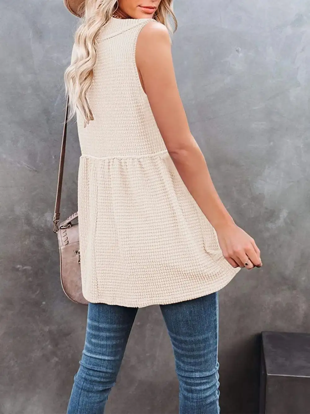 V-Neck Waffle Knit Tank Top With Contrast Stitching