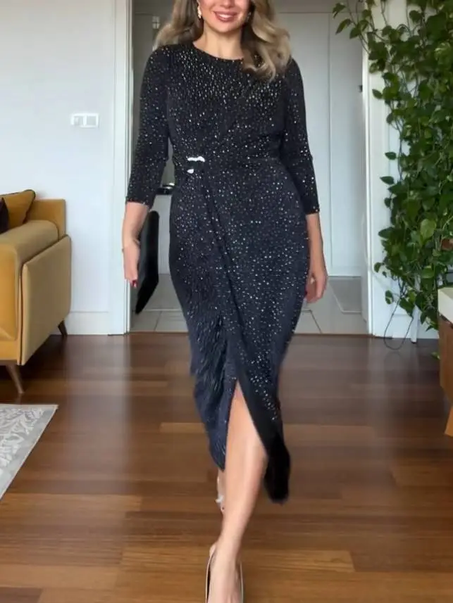 Shiny Pleated Tailored Midi Dress