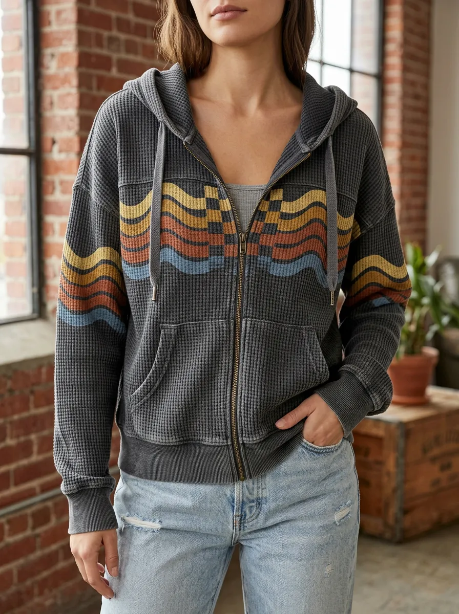 Women's Retro Wave Pattern Signature Motif Waffle Zip-Up Hoodie