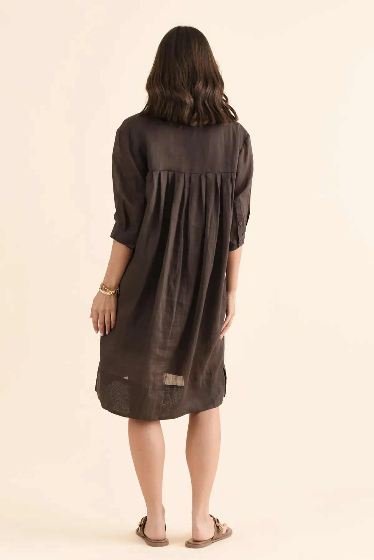 Knee-Length Ramie Pleated Collared Half-Sleeve Straight-Cut Shirt Dress