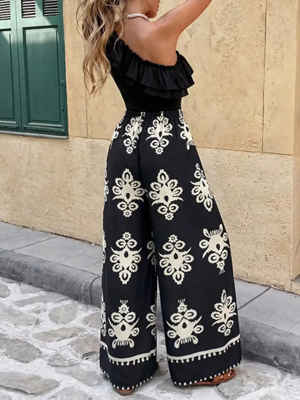 One Shoulder Ruffled Crop Top and Wide Leg Printed