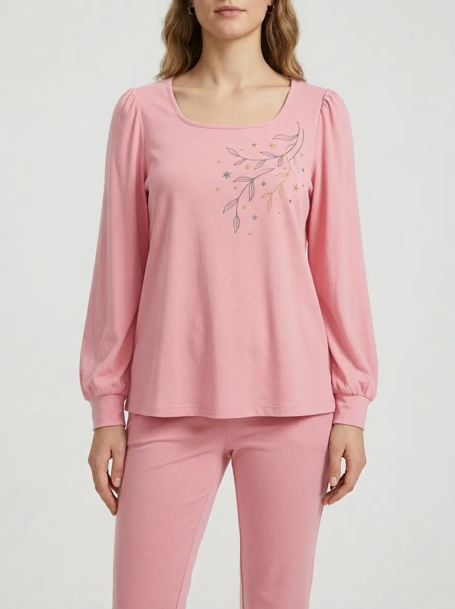 Women's Star-Embroidered Square-Neck Long-Sleeve Top