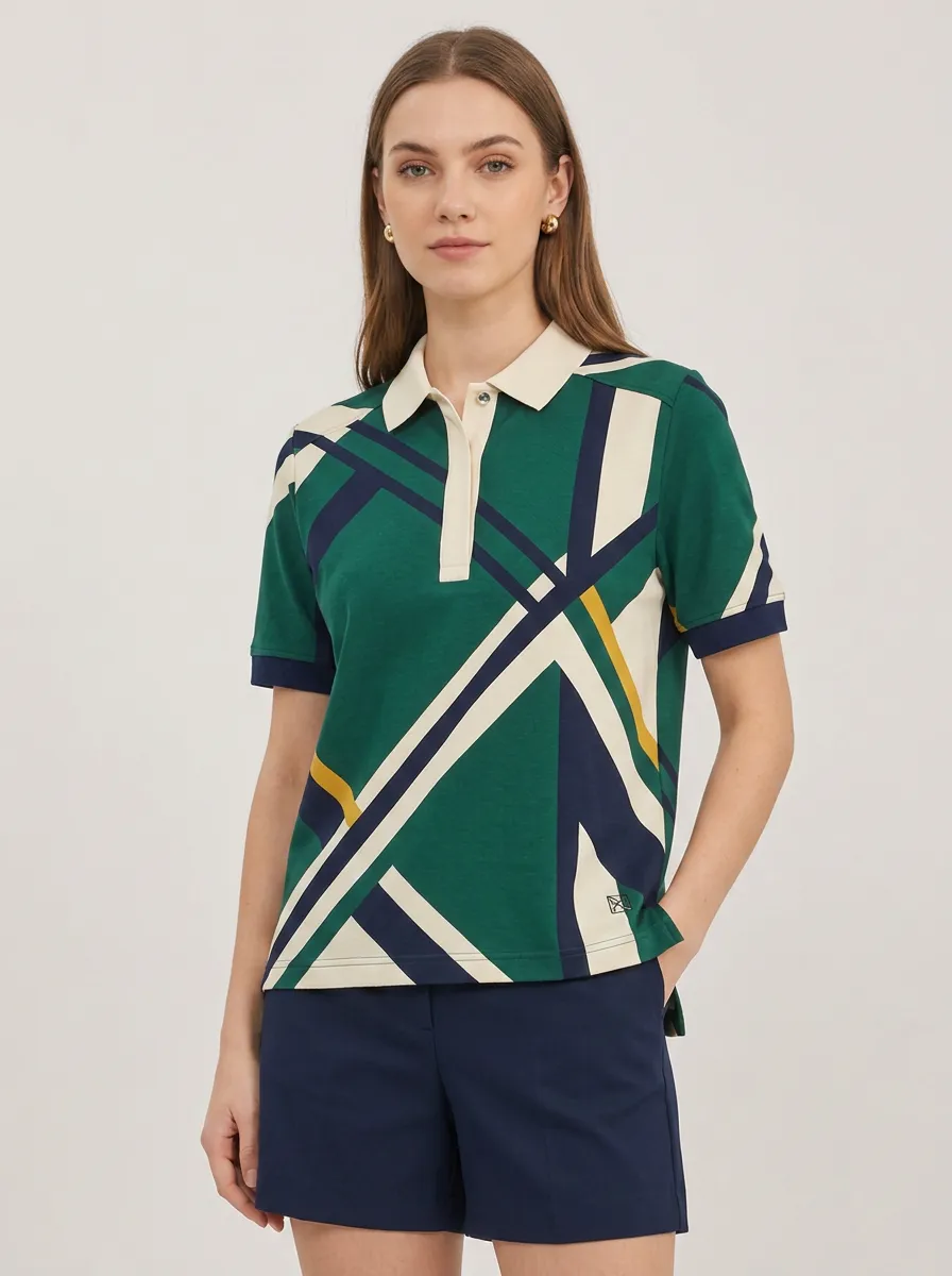 Women's Geometric Pattern Green Navy Printed Polo Shirt
