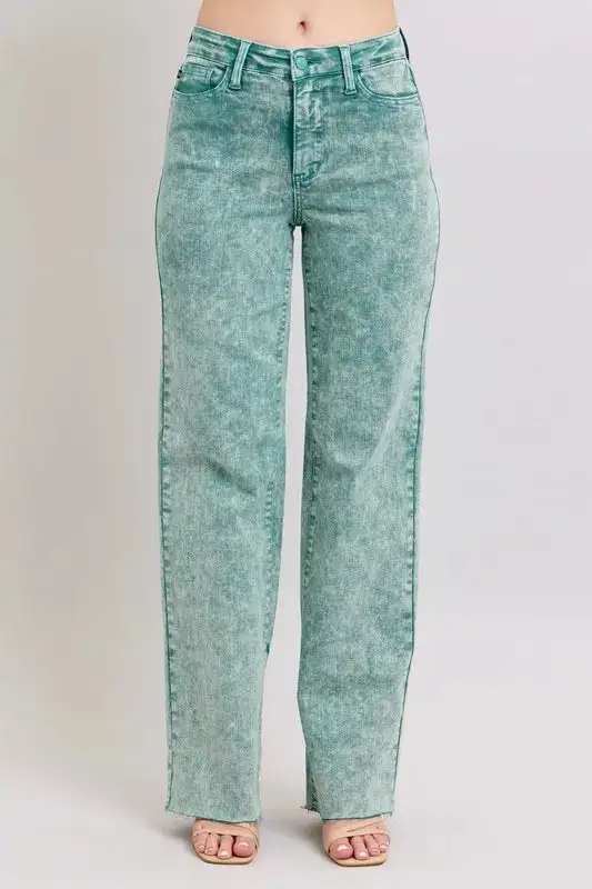 High Waist Garment Dyed Raw Hem Denim Jeans