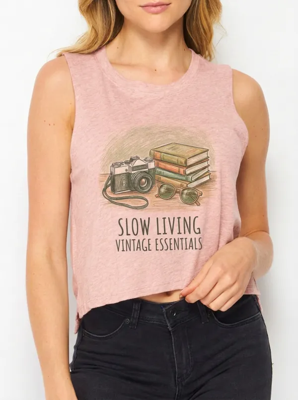 Women's Slow Living Book Camera Graphic Crop Tank Top