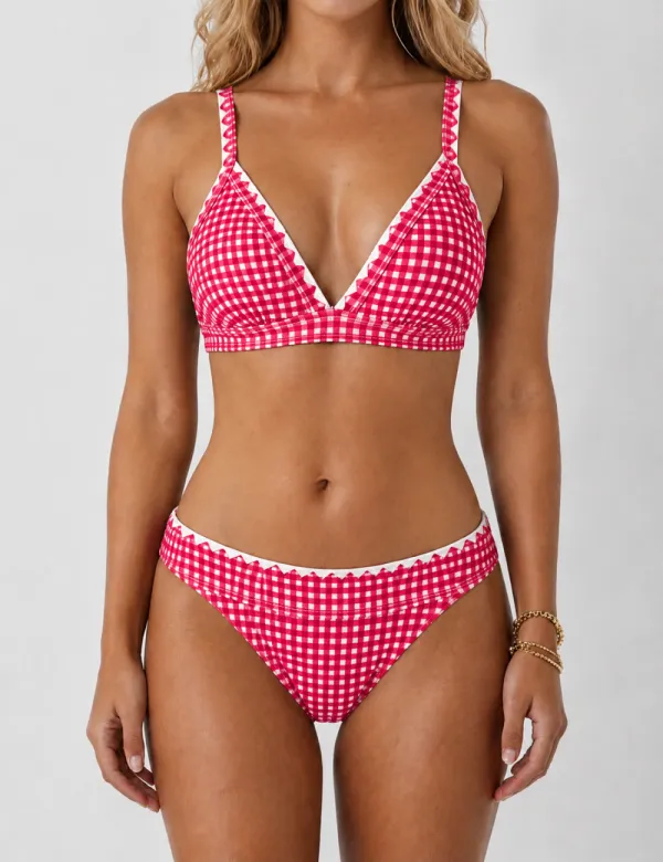 Gingham Contrast Trim Bralette Piece Bikini Set