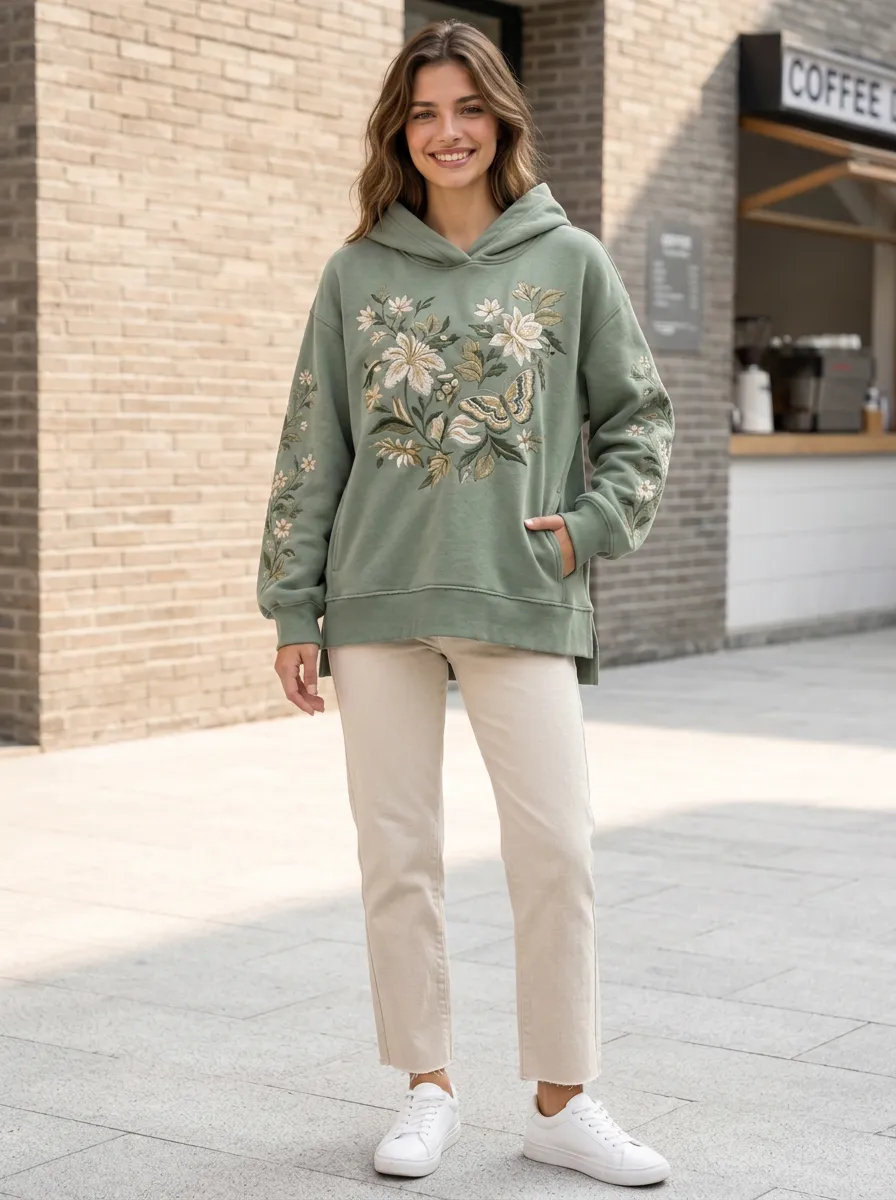Botanical Inspired Women's Floral Butterfly Embroidered Graphic Nature Hoodie
