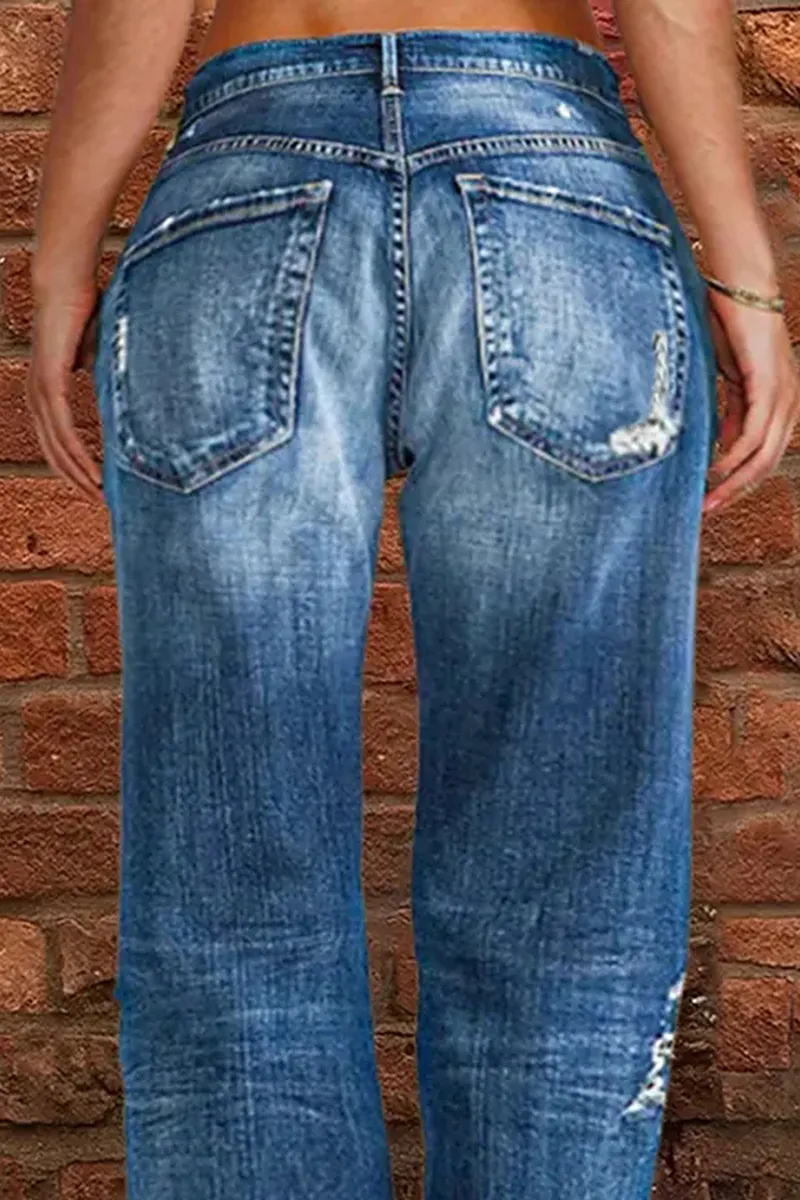 Ripped Low Waist Straight Leg Jeans
